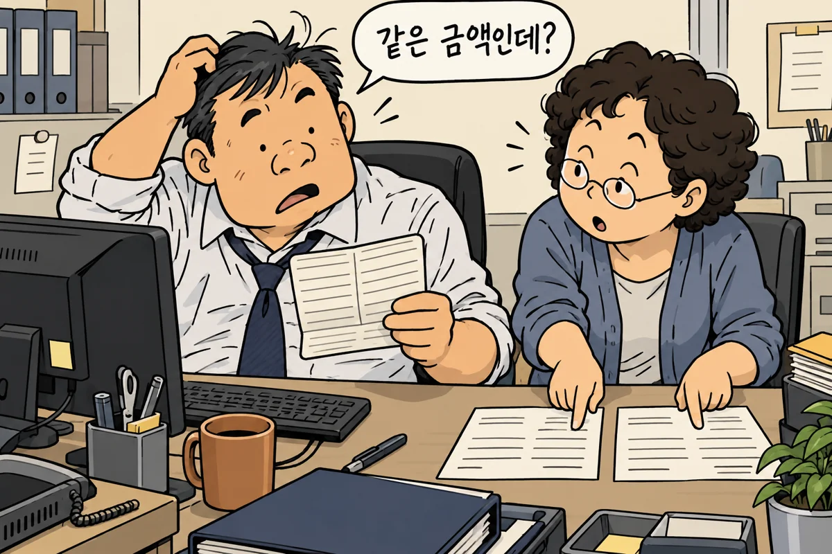 같은 금액의 출금을 거래처별 증빙과 맞춰 보는 대표와 담당자